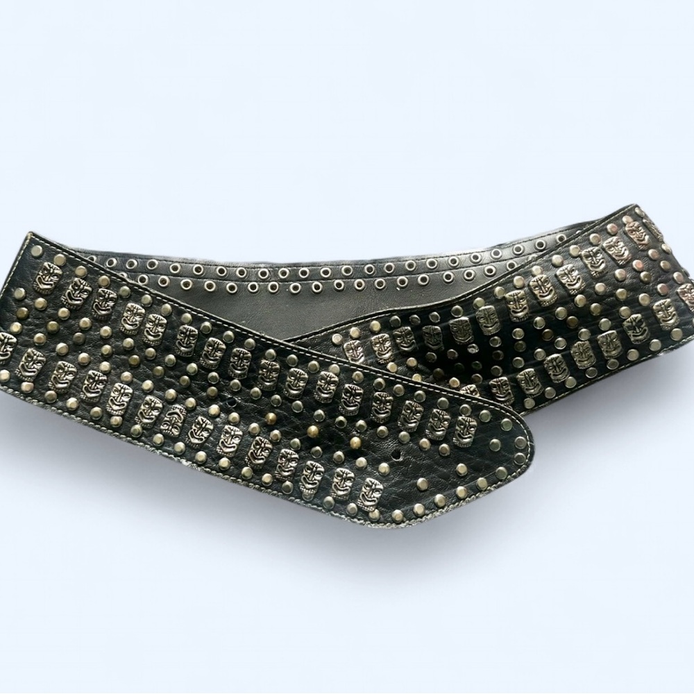 Vintage 1970s RARE Black Leather Silver Studded Chunky Belt 36”